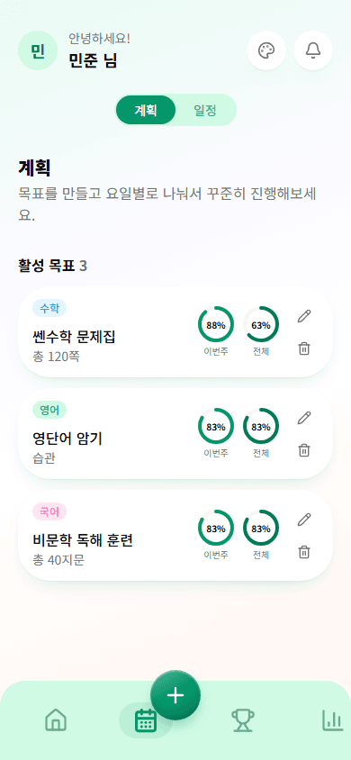 차곡 계획 탭 화면 — 목표별 이번 주/전체 진행률